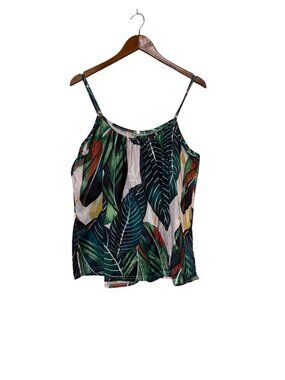 Tropical Leaf Print Sleeveless Tank Top 2XL Green Multicolor Lightweight Womens